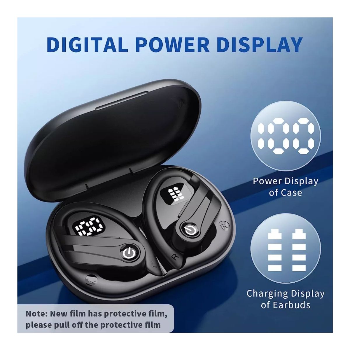 Auriculares Deportivos Inalámbricos Bluetooth Con Gancho Negro con Azul