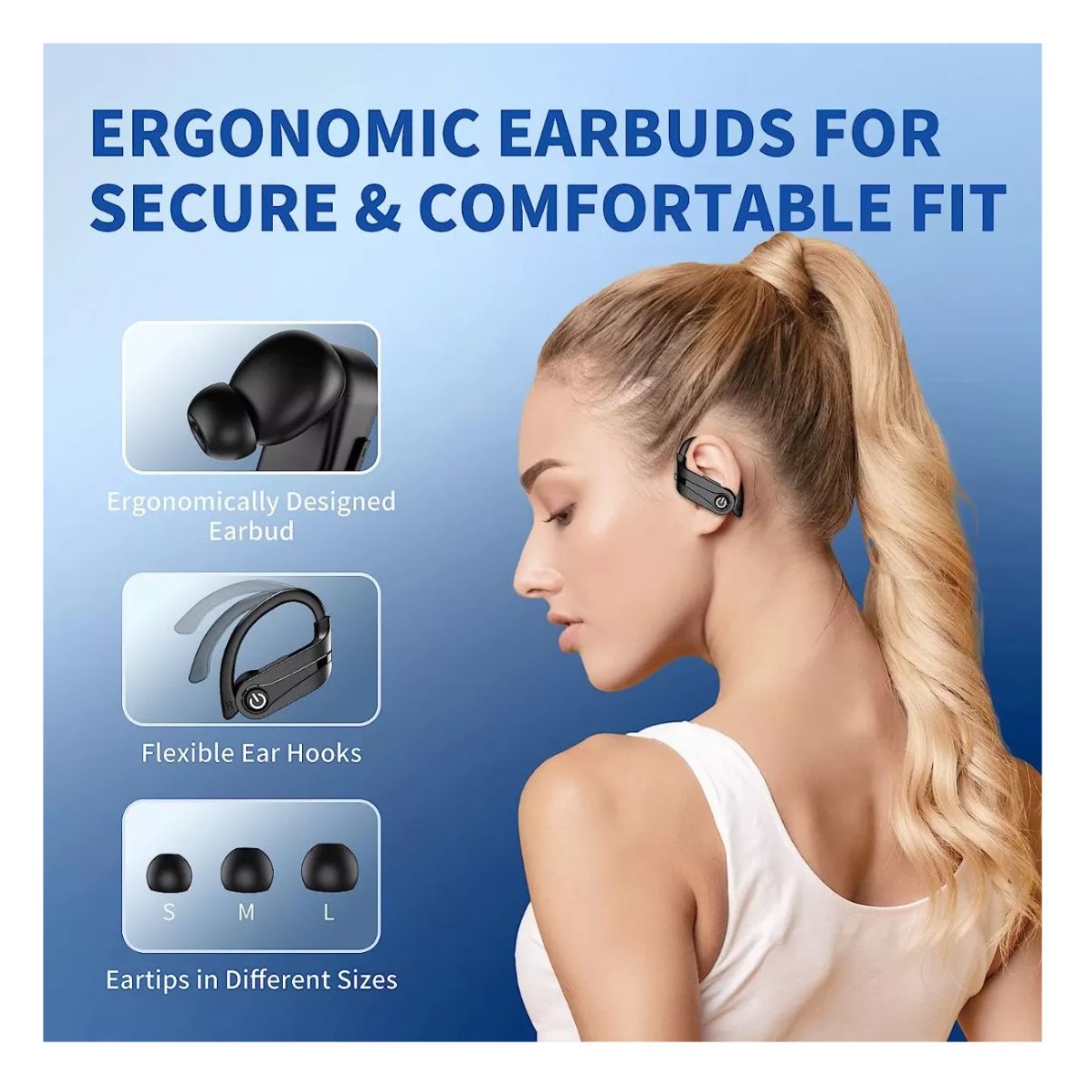 Auriculares Deportivos Inalámbricos Bluetooth Con Gancho Negro con Azul