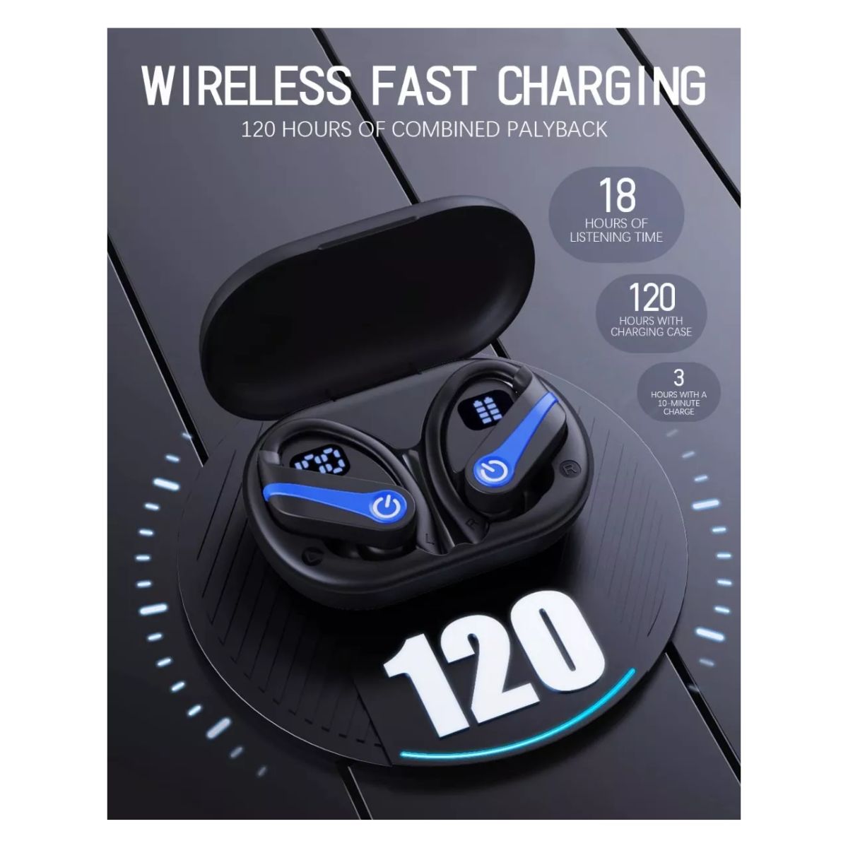 Auriculares Deportivos Inalámbricos Bluetooth Con Gancho Negro con Azul