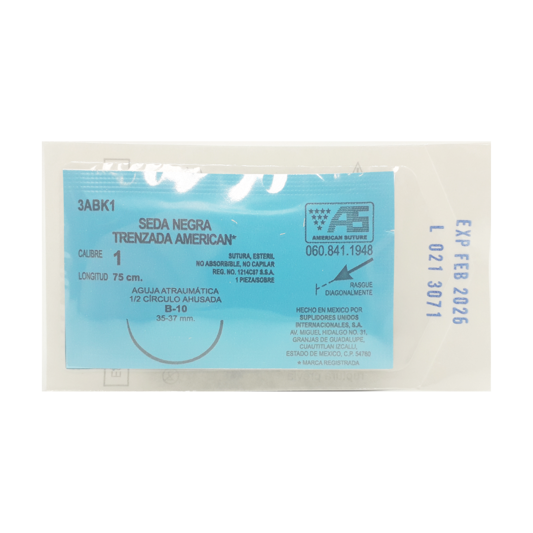 Sutura Quirúrgica de Seda Negra Trenzada 1 B-10 AMERICAN SUTURE