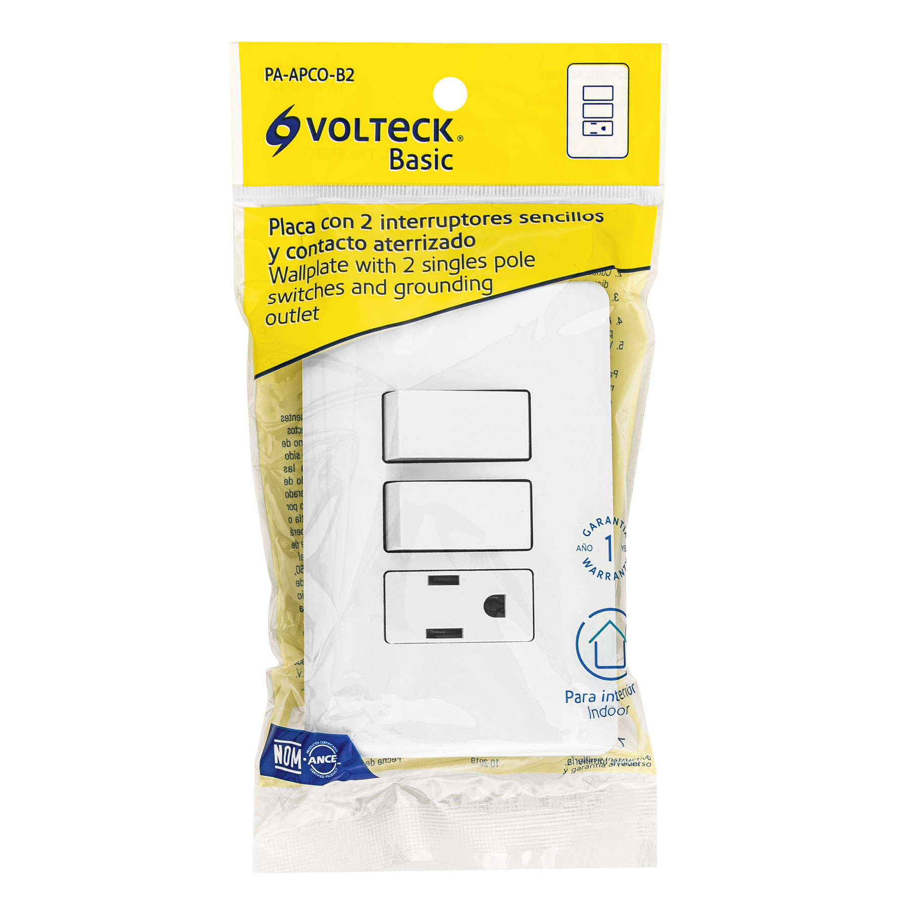 PLACA ARMADA CON CONTACTO Y 2 INTERRUPTORES SENCILLOS, VOLTECK BASIC 25081