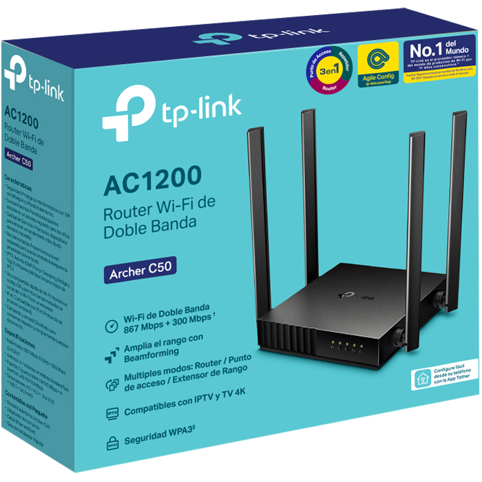 Router Inalambrico TP-LINK ARCHER C50 AC1200 V6 Dual Band 802.11ac 1200Mbps 