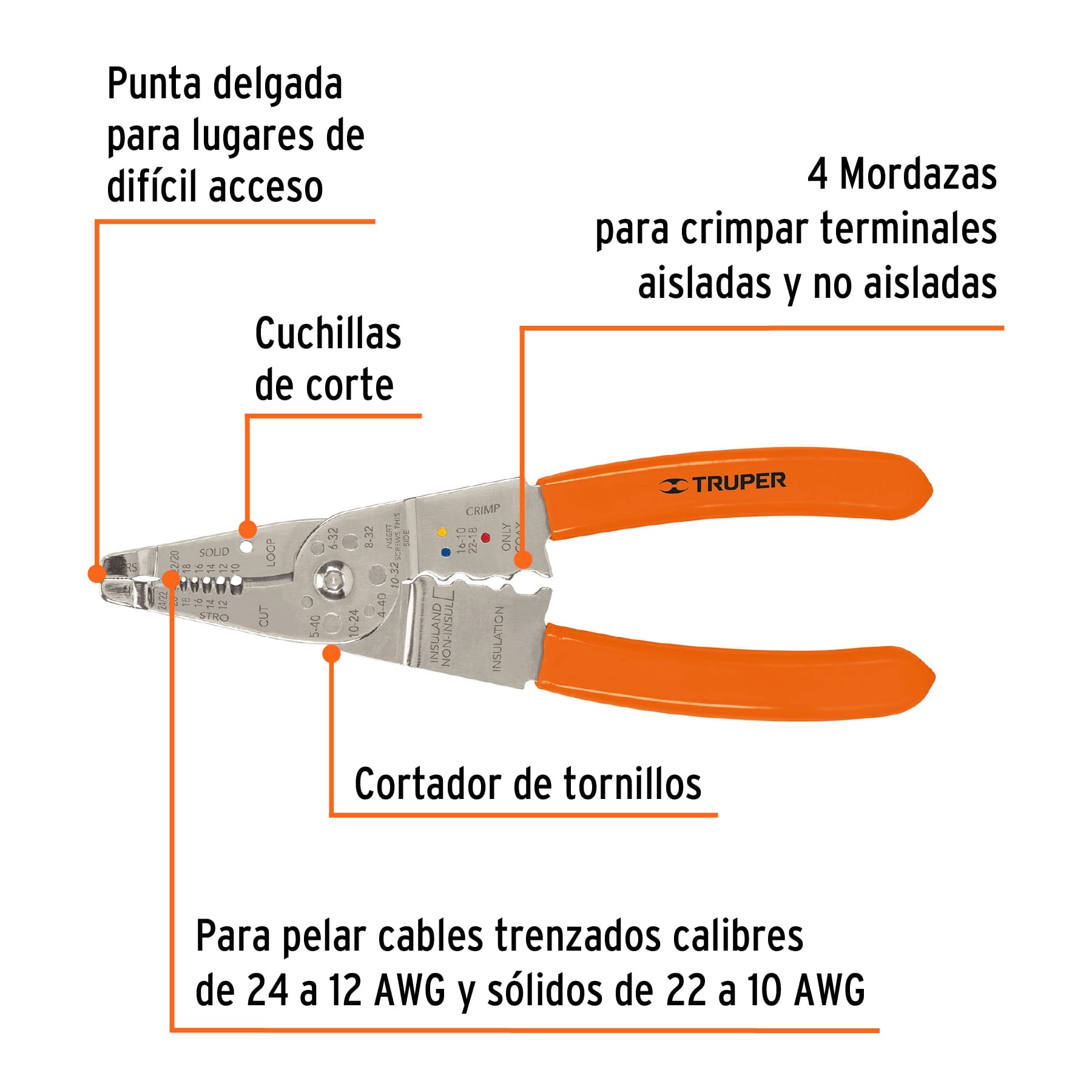 PINZA 8" PELA CABLES 24 A 12 AWG, TRUPER 17357