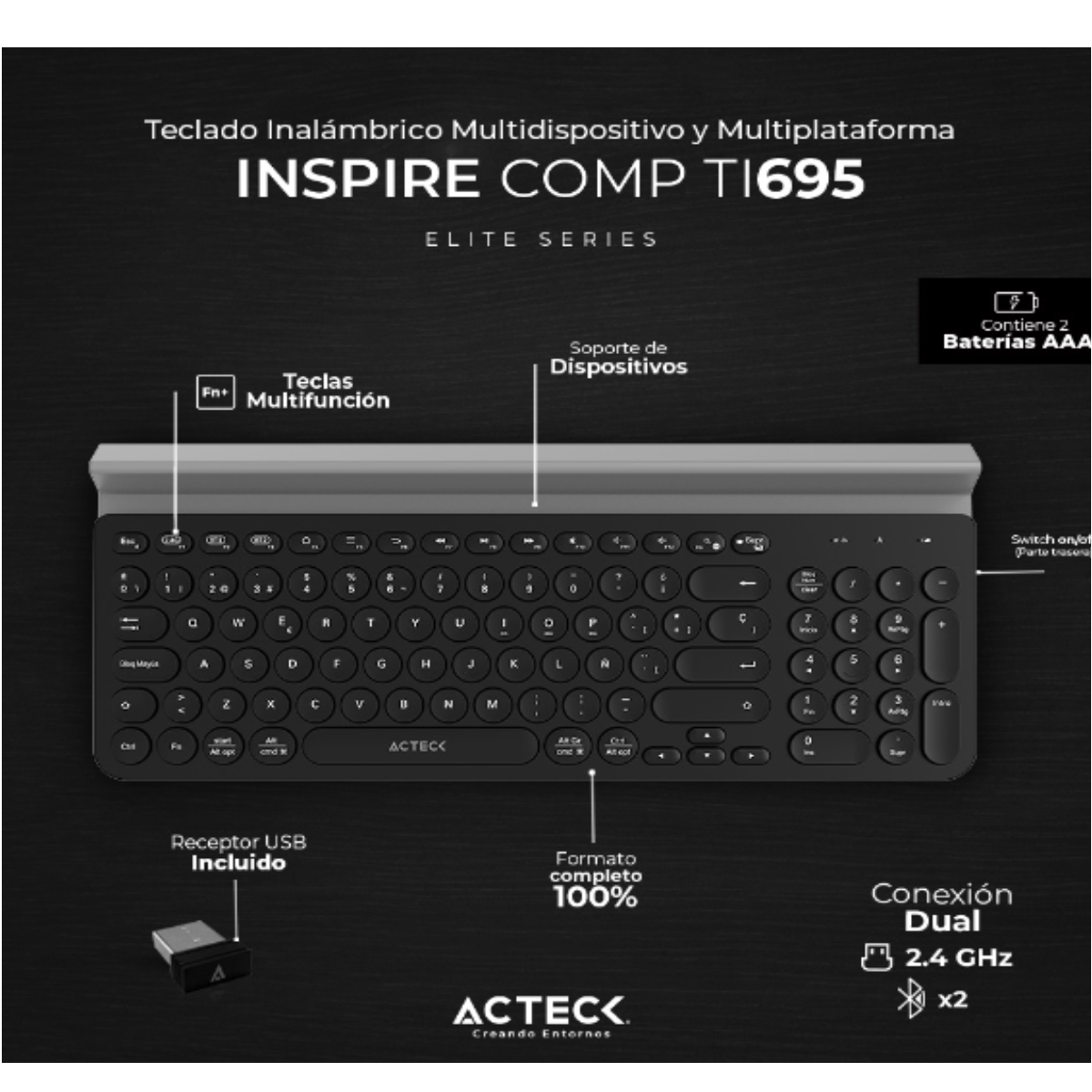 Teclado Inalámbrico Conexión Dual 2.4hz Bluetooth Inspire Comp TI695 Elite Series