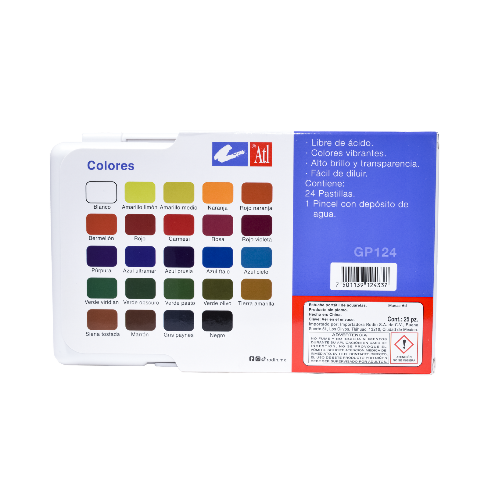 Set Con 24 Pastillas Acuarela Portatil Atl Gp124 Colores Basicos + 1 Pincel