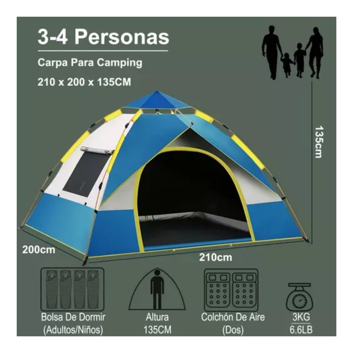 Casa De Camping Para 4 Personas Automática 2 Entradas Azul con blanco  Y Amarillo