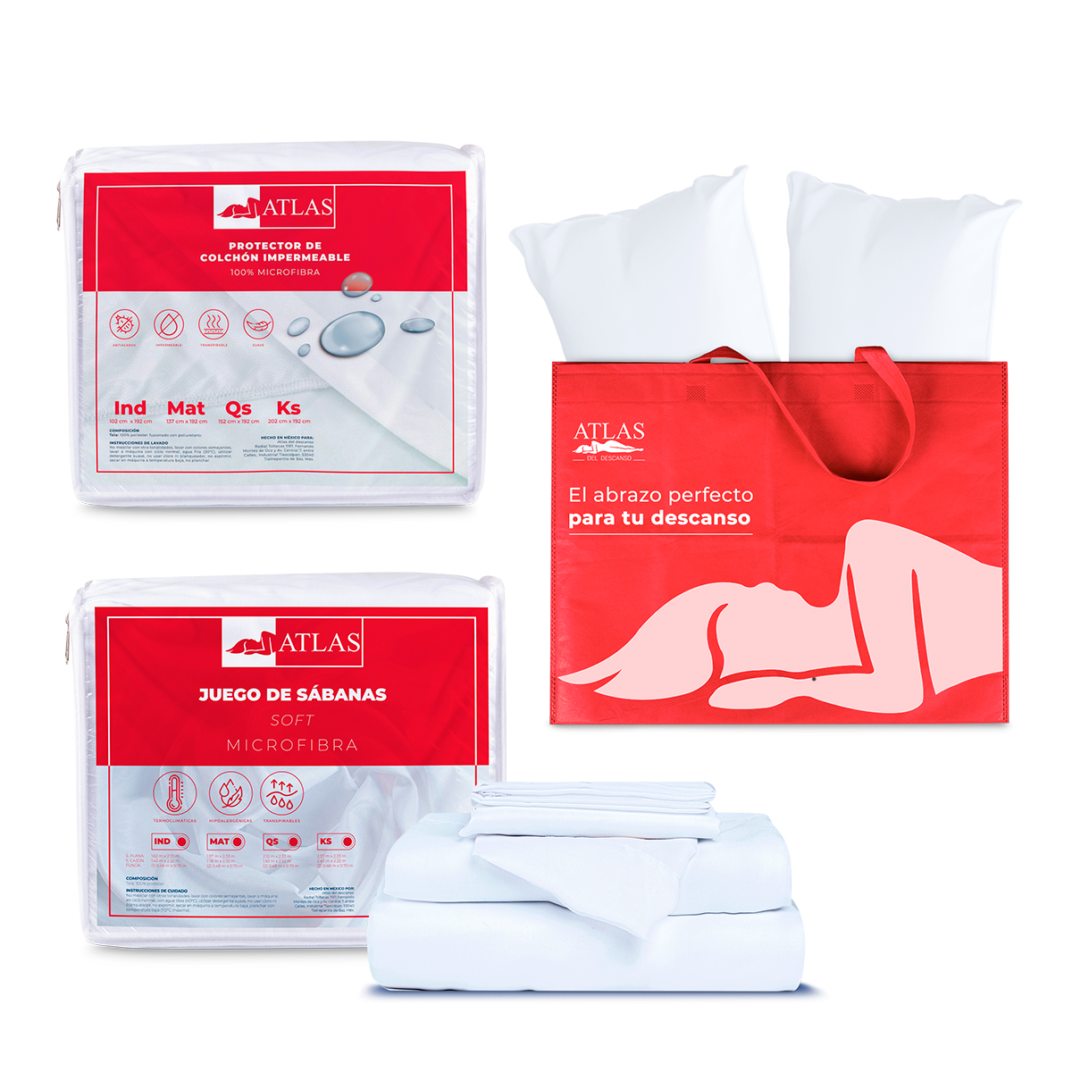 Juego De Sabanas Soft Matrimonial De Microfibra + Cubre Colchón Matrimonial Impermeable + Pack 2 Almohadas Atlas Basics