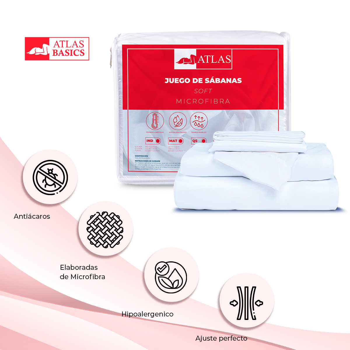 Juego De Sabanas Soft Matrimonial De Microfibra + Cubre Colchón Matrimonial Impermeable + Pack 2 Almohadas Atlas Basics