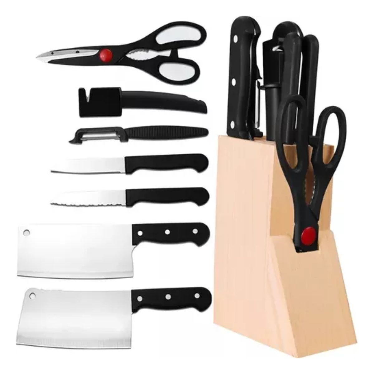 Kit de Cuchillos De Acero Inoxidable Con Base 8pcs negro con plata 