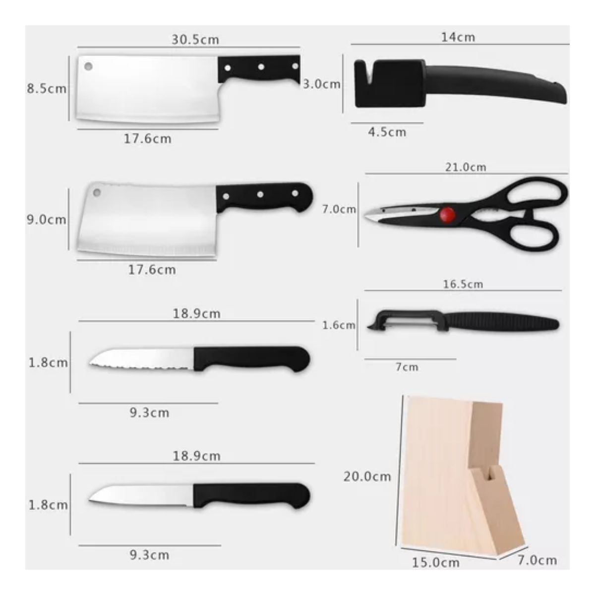 Kit de Cuchillos De Acero Inoxidable Con Base 8pcs negro con plata 