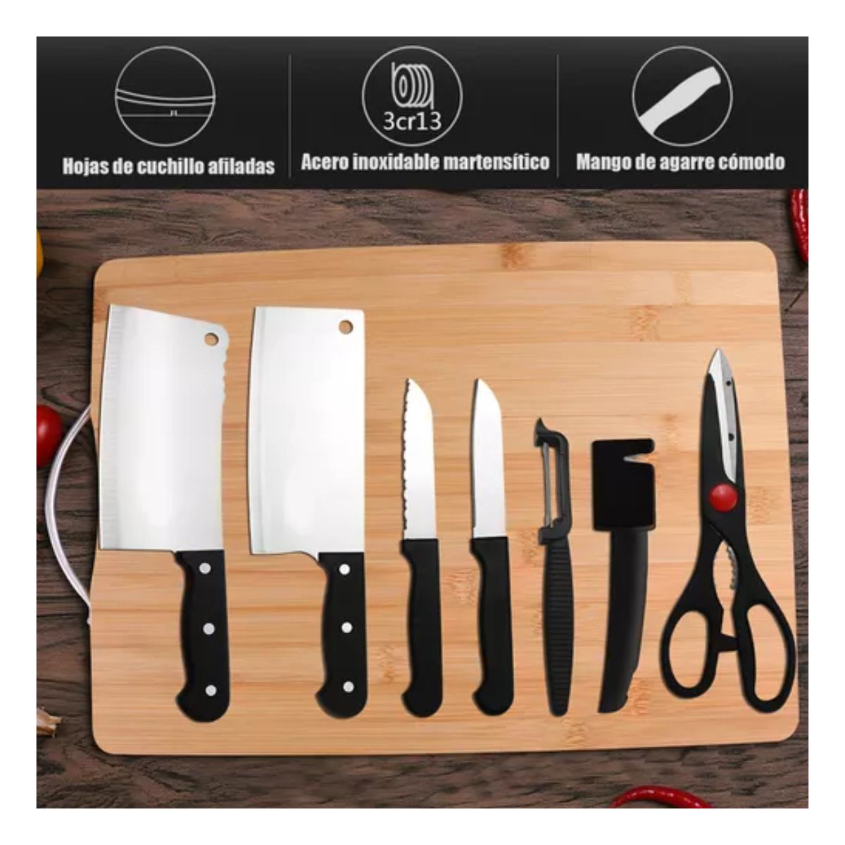 Kit de Cuchillos De Acero Inoxidable Con Base 8pcs negro con plata 