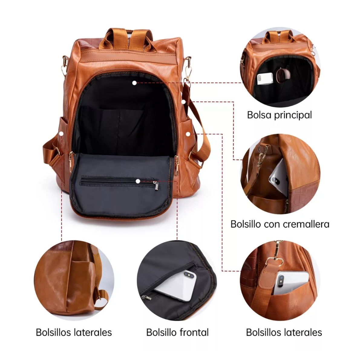 Mochila Para Mujer Dama Diseño De Costura Antirrobo Impermeable Marron