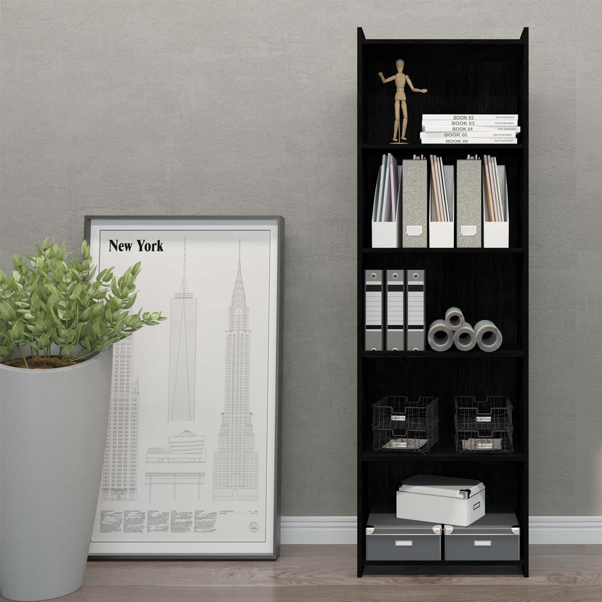 Mueble Librero/Estante Alto De 5 Niveles Negro Modelo 700.07