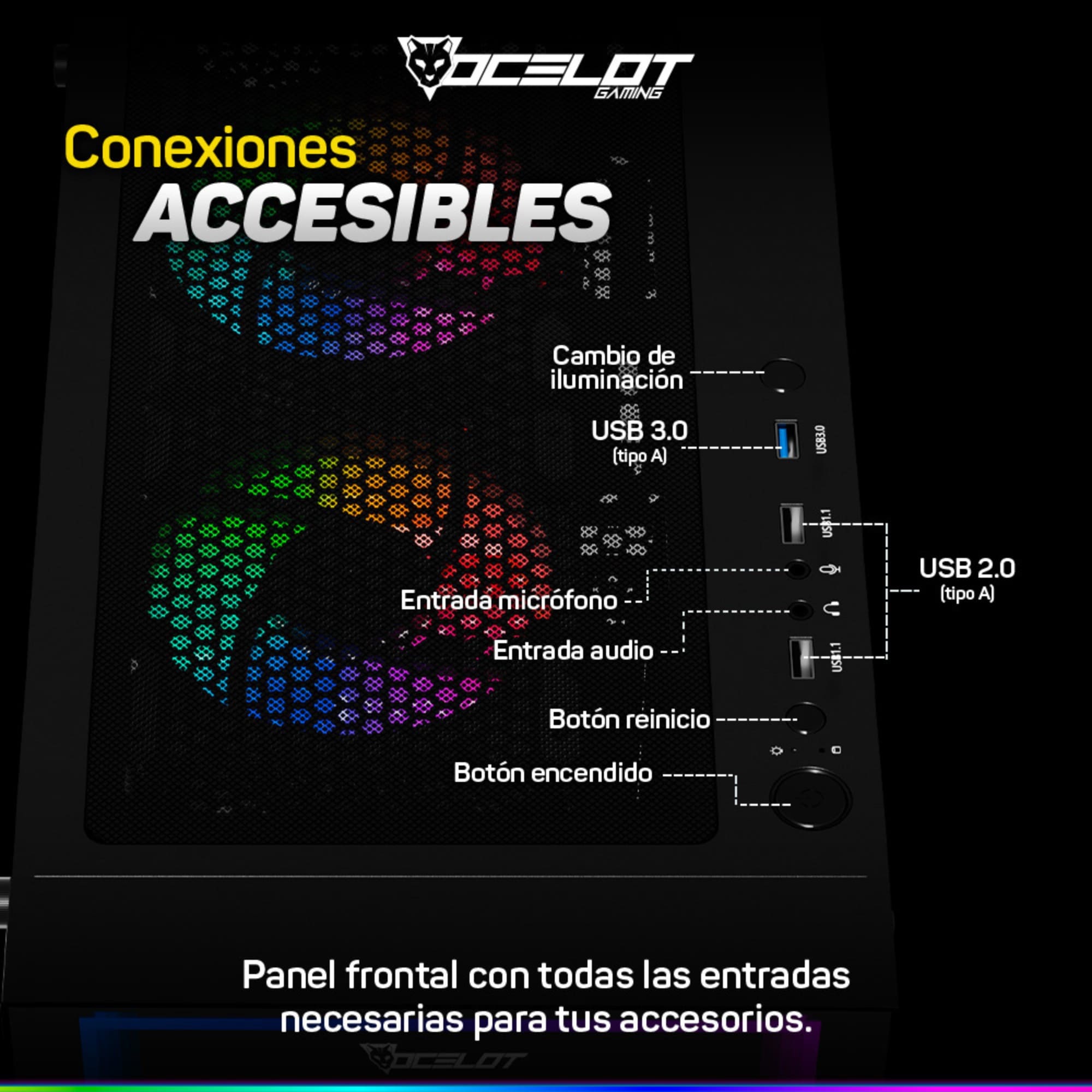 Gabinete Ocelot Gaming PORTAL-M4, ATX, Cristal Templado, incluye 3 Ventiladores, sin Fuente, Negro.