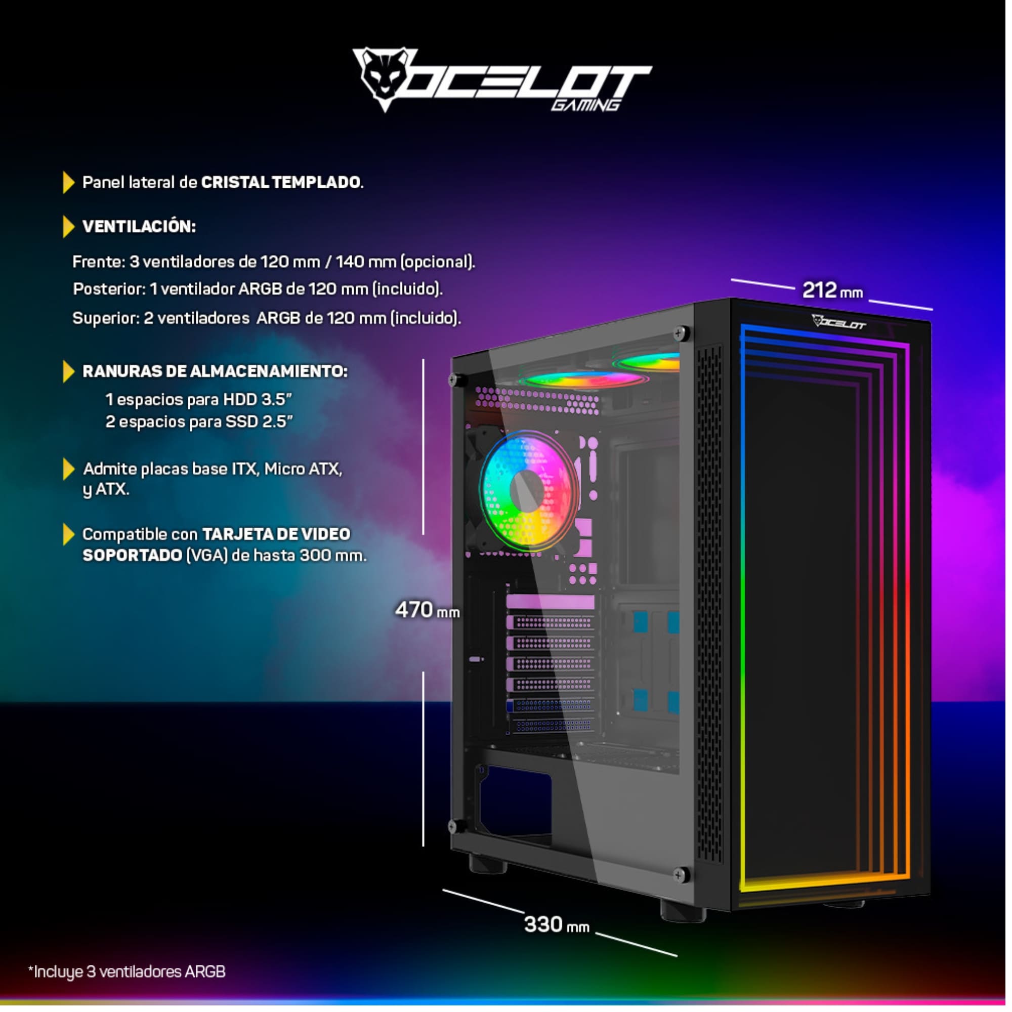 Gabinete Ocelot Gaming PORTAL-M4, ATX, Cristal Templado, incluye 3 Ventiladores, sin Fuente, Negro.