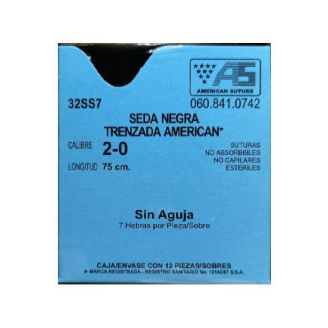 Sutura Quirúrgica de Seda Negra Trenzada 2-0 Sin Aguja AMERICAN SUTURE