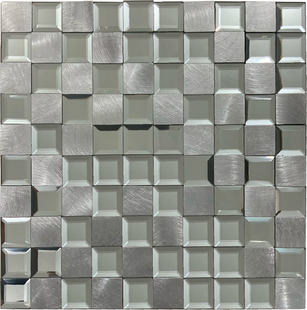 Malla o Mosaico Decorativo Adherible de Vidrio y Aluminio SIDE, medidas 30 X 30 cms (base por altura). Diseño en tono plata con efecto metalizado. Caja de 5 piezas