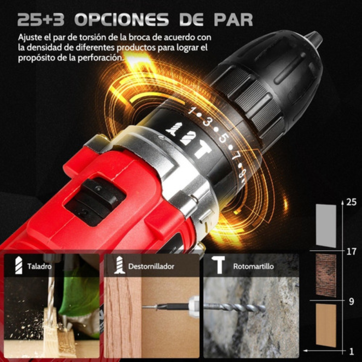 Taladro Atornillador Inalámbrico Con 2 Batería De Litio Rojo