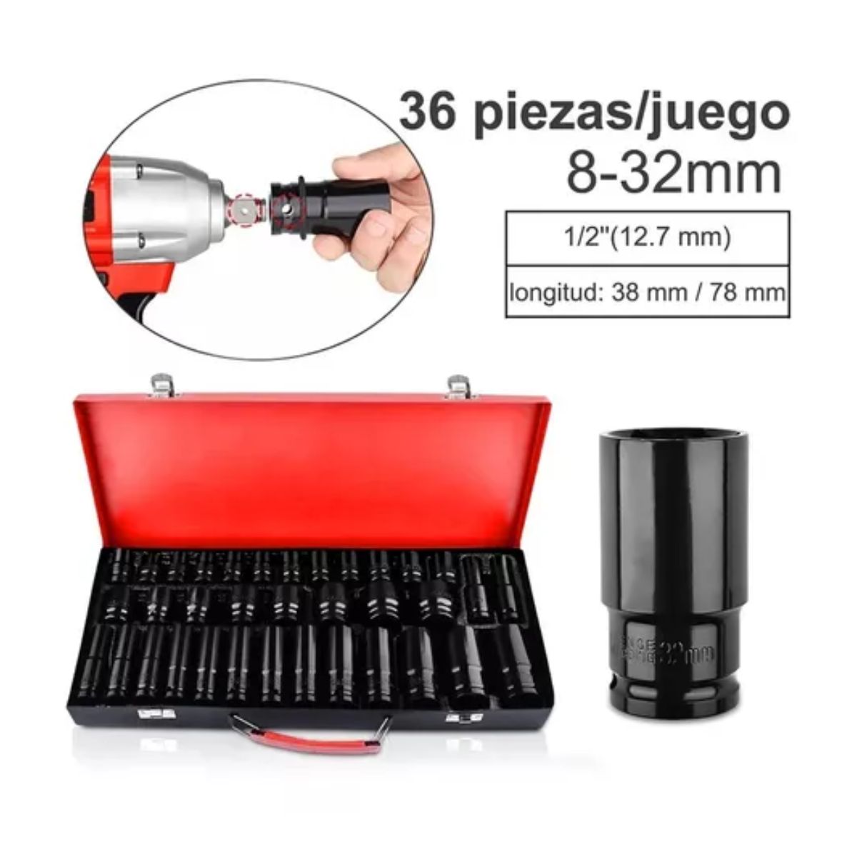 Juego De Dados De Impacto De 1/2 In, 8-32 Mm, 35 Piezas Negro