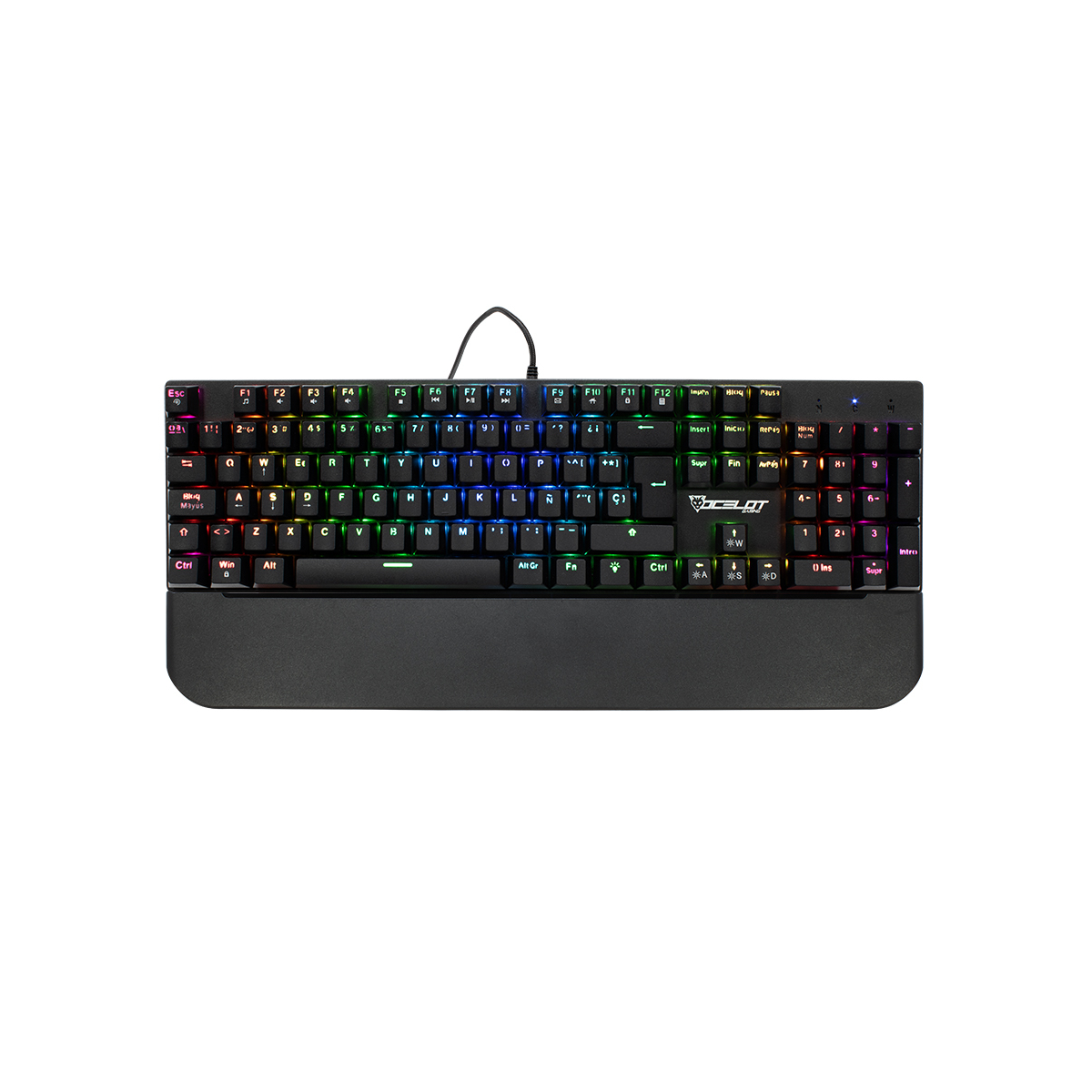 Ocelot teclado mecanico con switch rojo, full rgb y descansa muñecas removible sistema de imanes