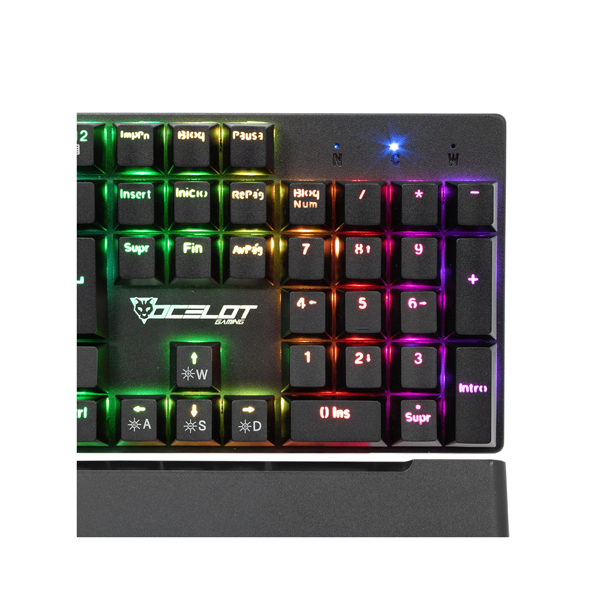 Ocelot teclado mecanico con switch rojo, full rgb y descansa muñecas removible sistema de imanes
