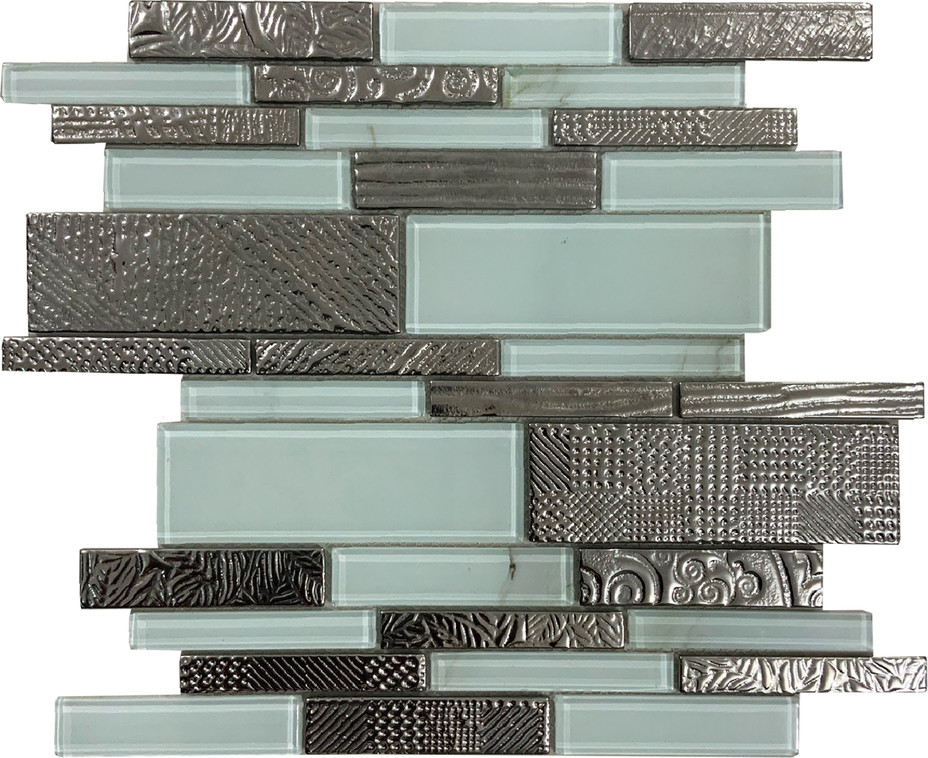 Malla o Mosaico Decorativo de vidrio BAQ, medida 30 x 30 cms. (base por altura). Diseño en tonos blanco mármol carrara con plata grabada. Caja de 5 piezas.