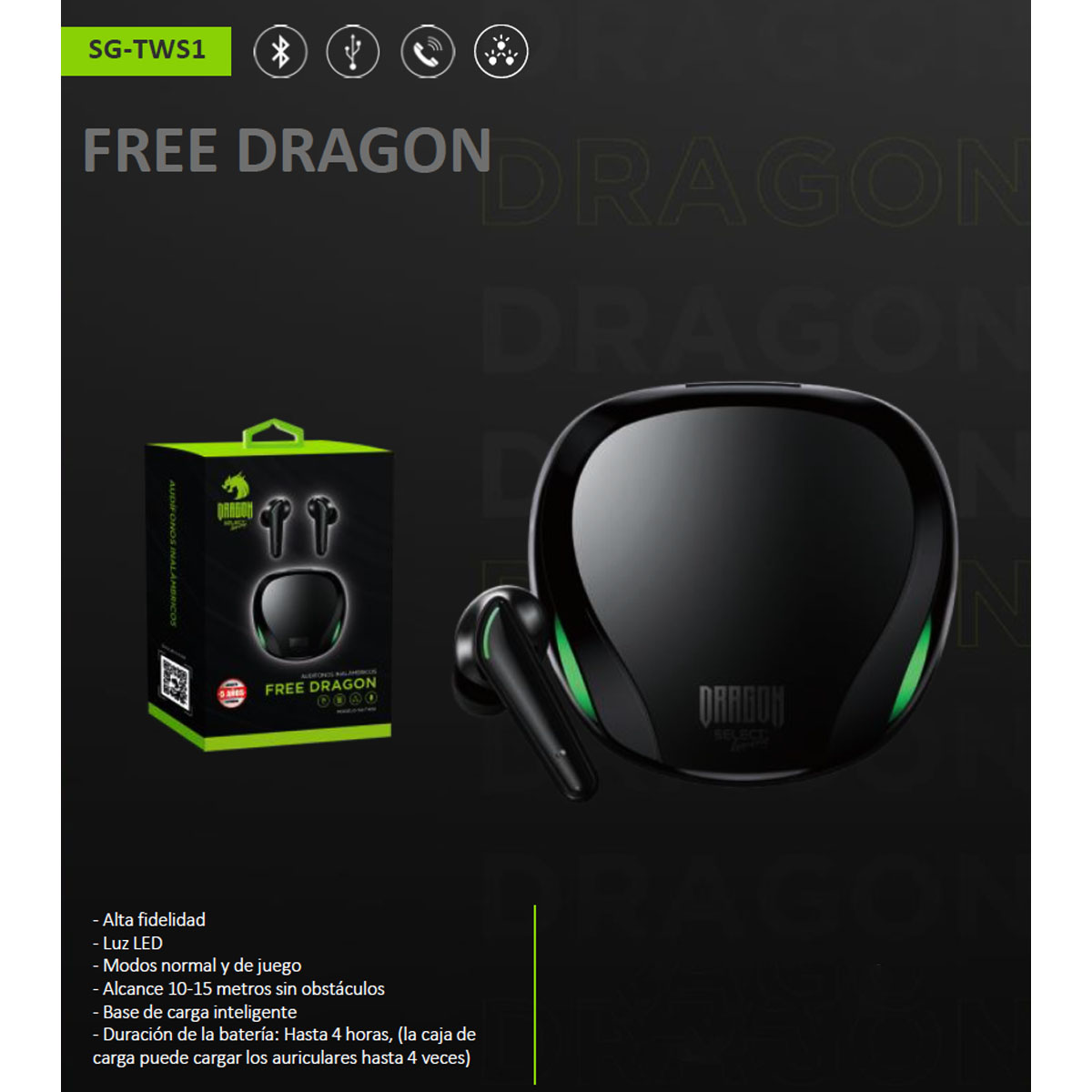 Audífonos Inalámbricos Bluetooth In-ear Gamer Free Dragon Select Sound Sg-Tws1