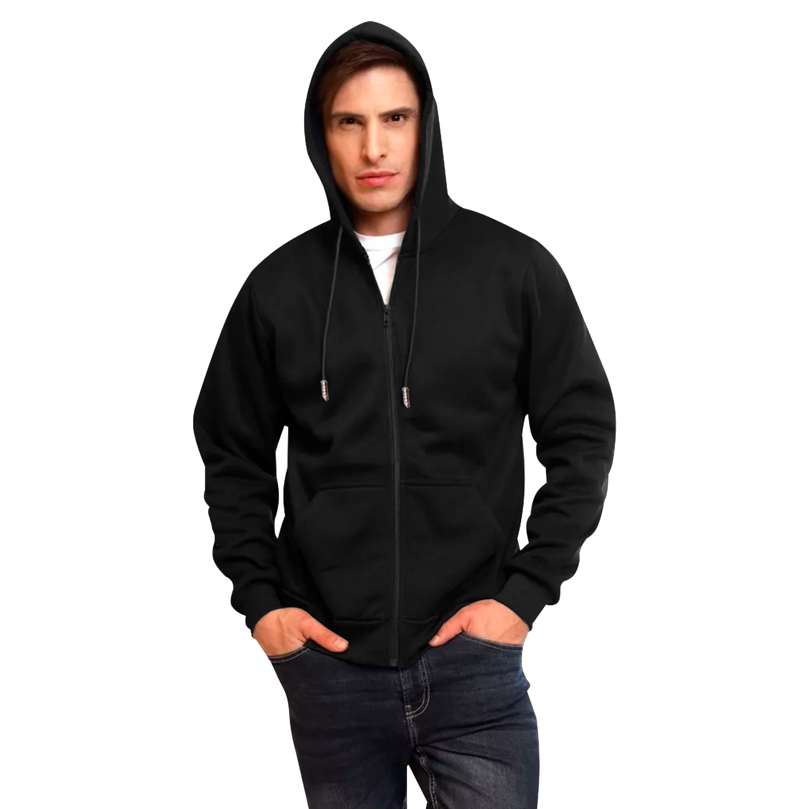 Sudadera Hoodie Color Negro con Cierre, Capucha y Cangurera, Calientita, Casual, Abrigo, Chamarra