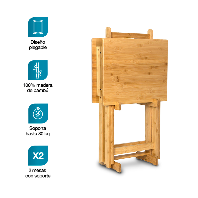2 MESAS PLEGABLES DE SERVICIO CON BASE FABRICADAS EN BAMBÚ