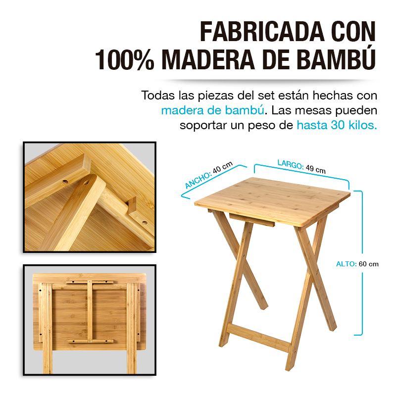 2 MESAS PLEGABLES DE SERVICIO CON BASE FABRICADAS EN BAMBÚ