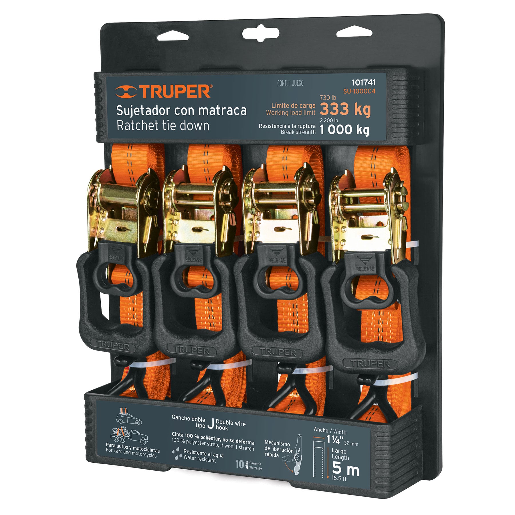 JUEGO DE 4 SUJETADORES CON MATRACA CARGA MÁXIMA 1000 KG TRUPER 101741