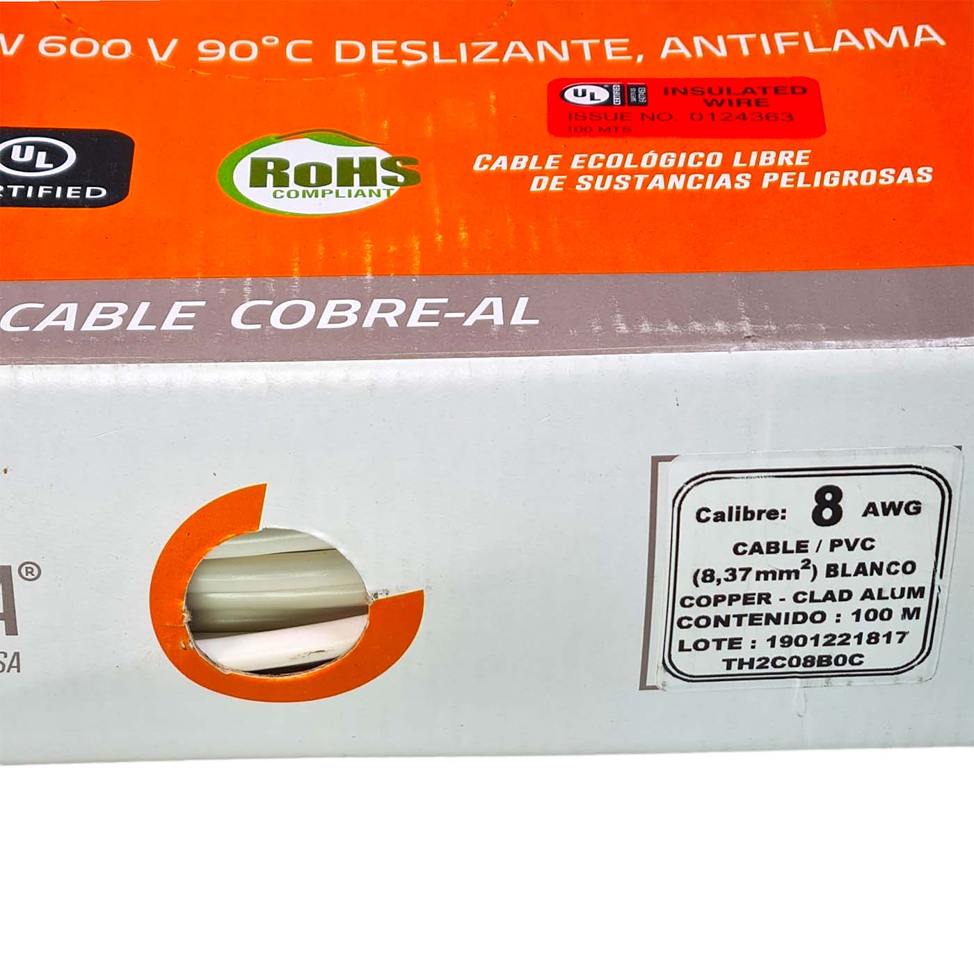 Rollo 100m Cable Eléctrico Calibre 8 Cobre-Al Antiflama Blanco THW / THHW