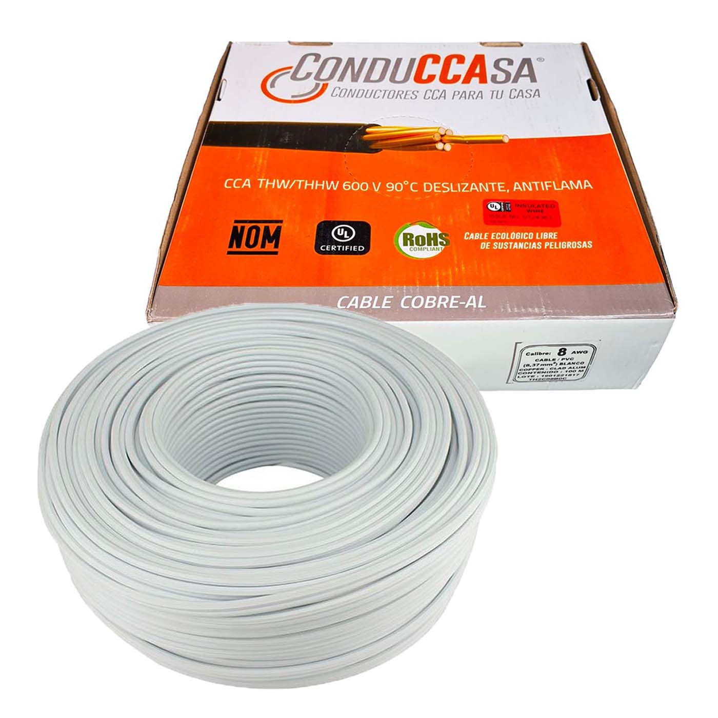 Rollo 100m Cable Eléctrico Calibre 8 Cobre-Al Antiflama Blanco THW / THHW