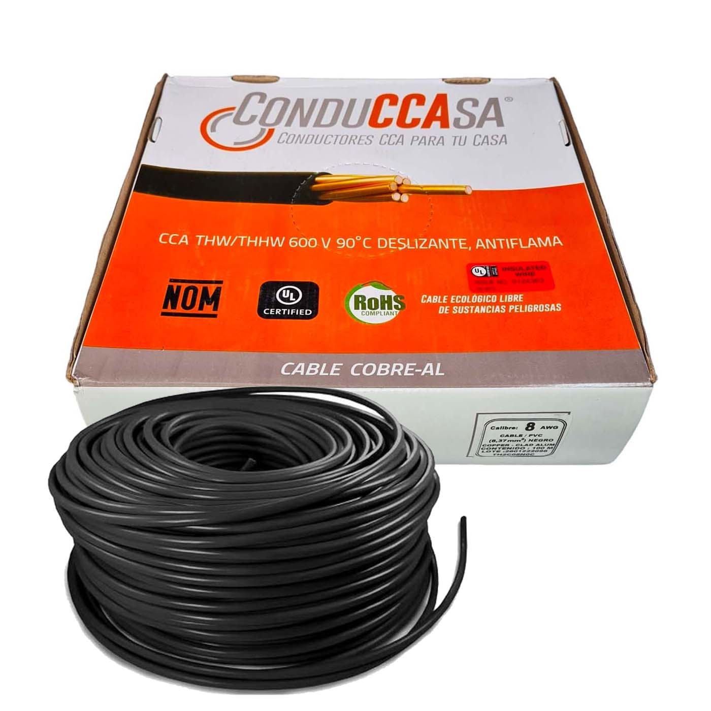 Rollo 100m Cable Eléctrico Calibre 8 Cobre-Al Antiflama Negro THW / THHW