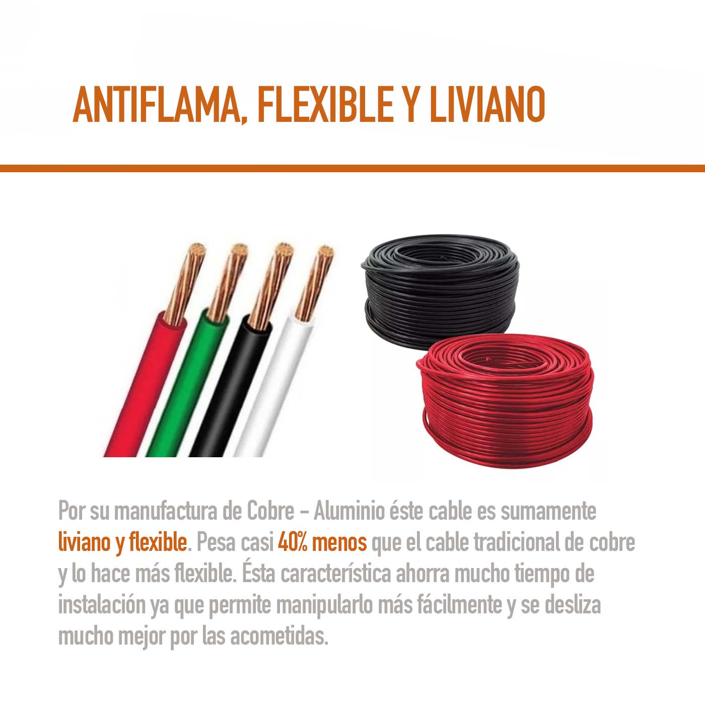 Rollo 100m Cable Eléctrico Calibre 8 Cobre-Al Antiflama Negro THW / THHW
