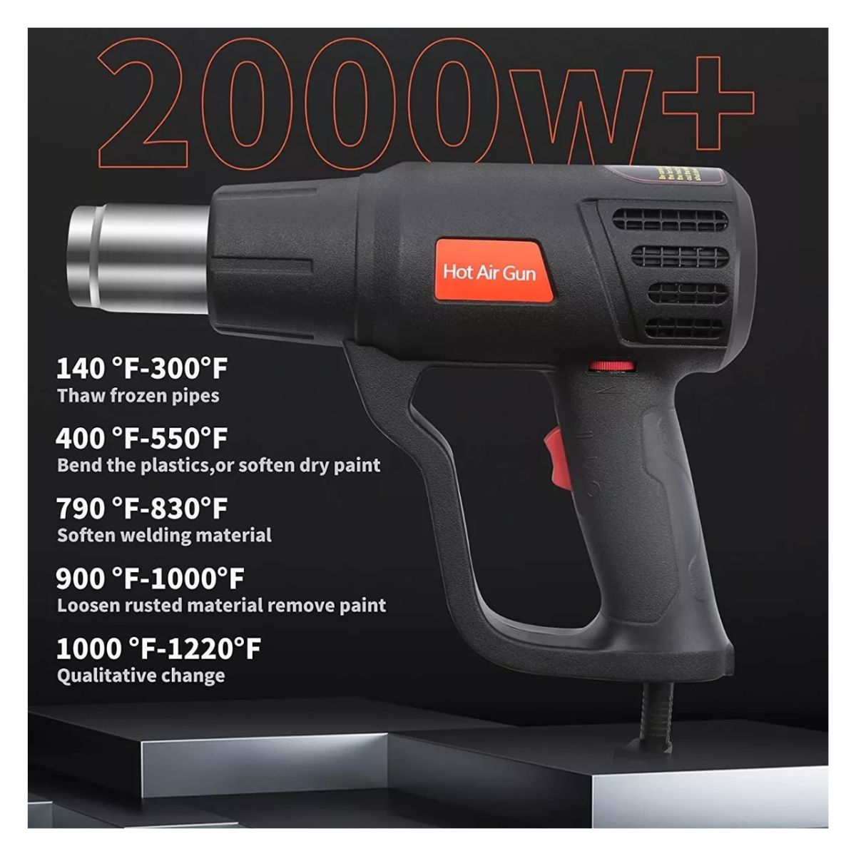 Pistola De Calor De 2000w Temperatura Regulable 4 Boquillas Negro 