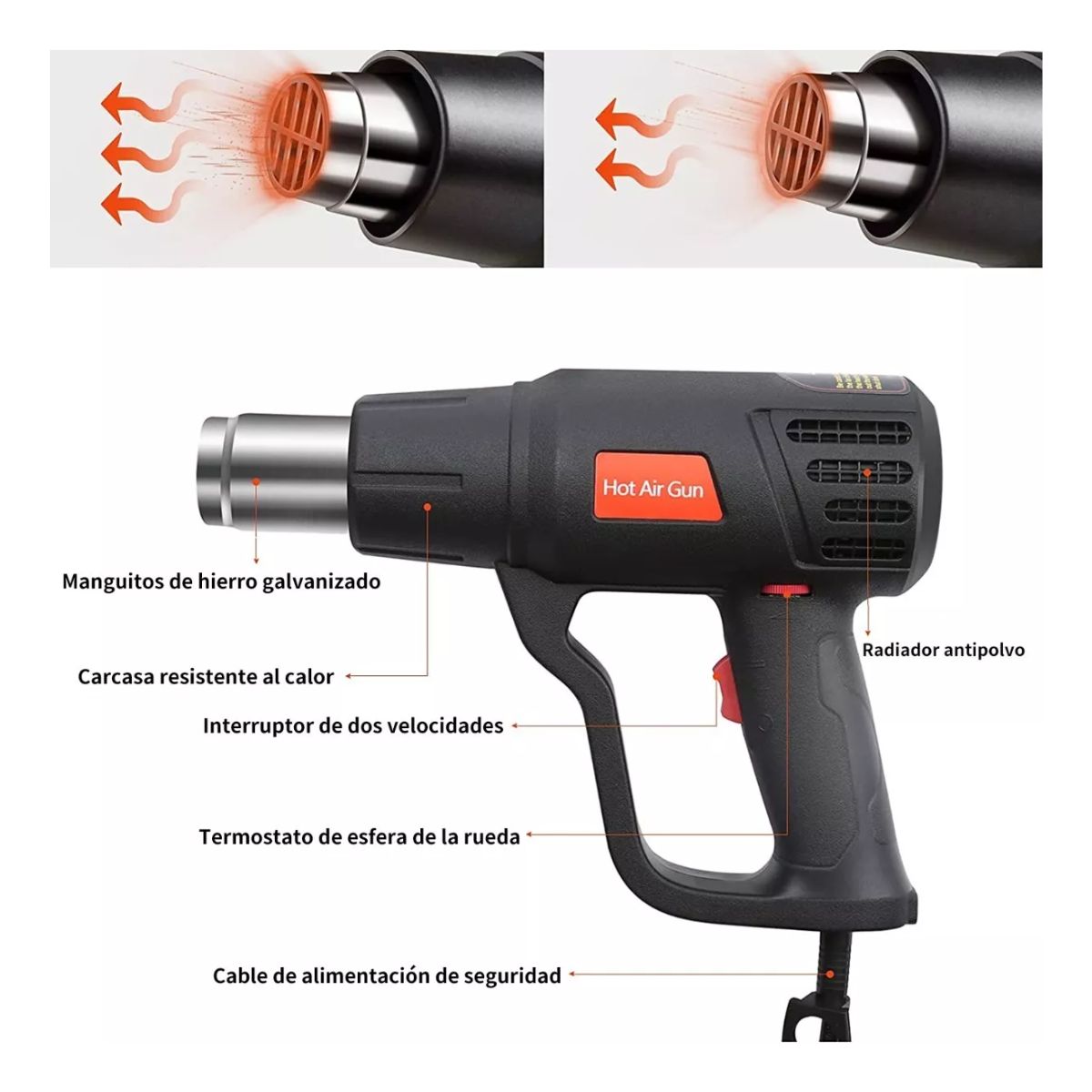 Pistola De Calor De 2000w Temperatura Regulable 4 Boquillas Negro 