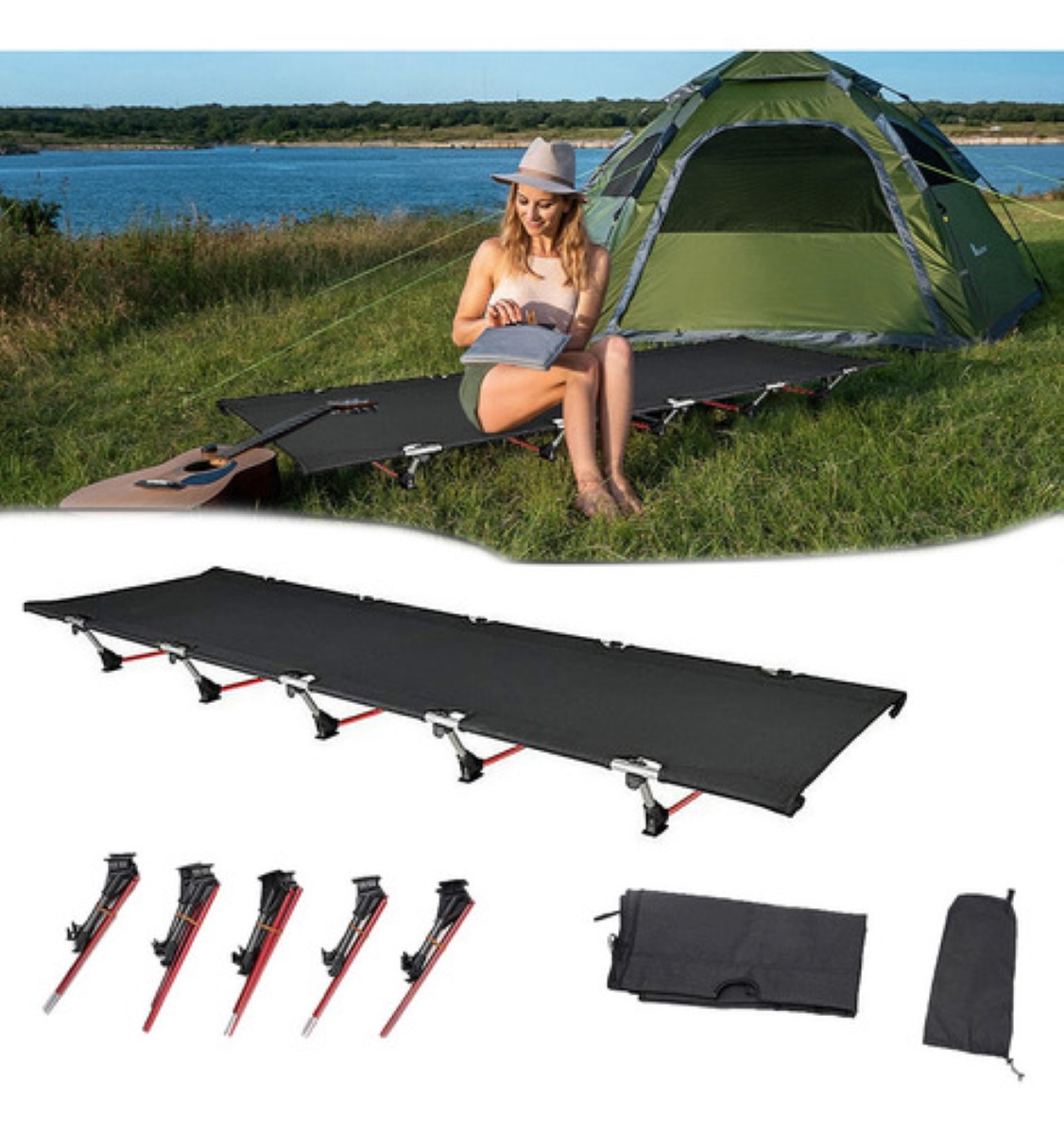 Catre Cama Para Acampar Plegable Ultraligera Portátil, 1.9m Negra