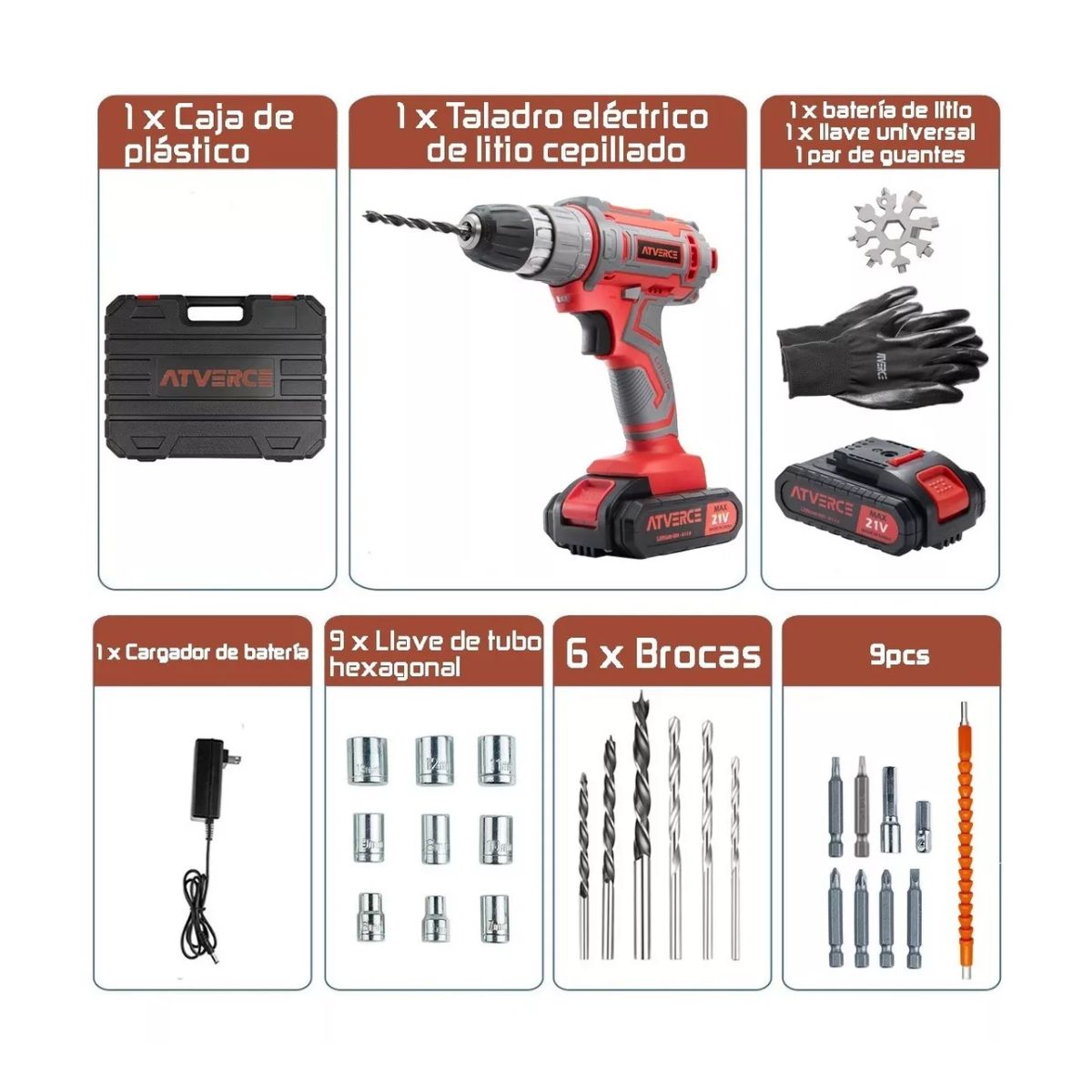 Kit Taladro Eléctrico Atornillador Inalambrico Rojo 21 V