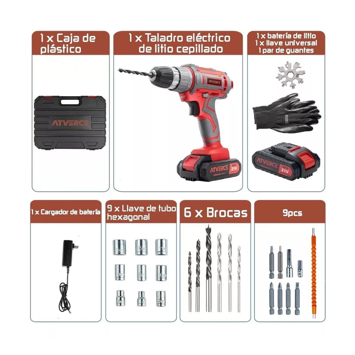 Kit Taladro Eléctrico Atornillador Inalambrico Rojo 21 V