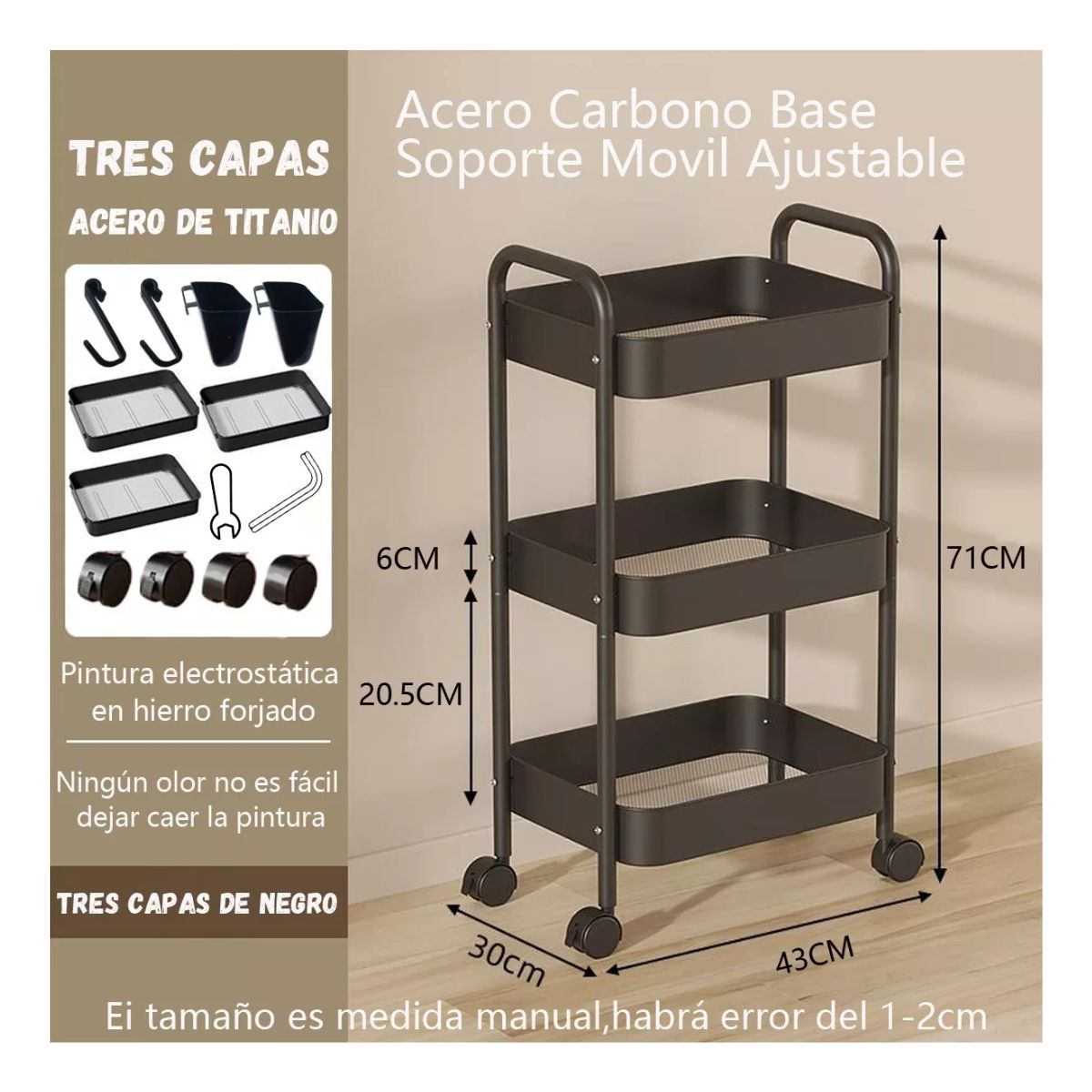 Carrito Organizador Multiusos De 3 Niveles Metálico C/ruedas Negro 