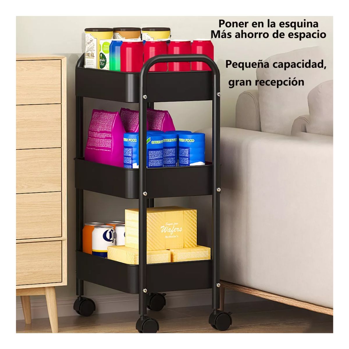 Carrito Organizador Multiusos De 3 Niveles Metálico C/ruedas Negro 