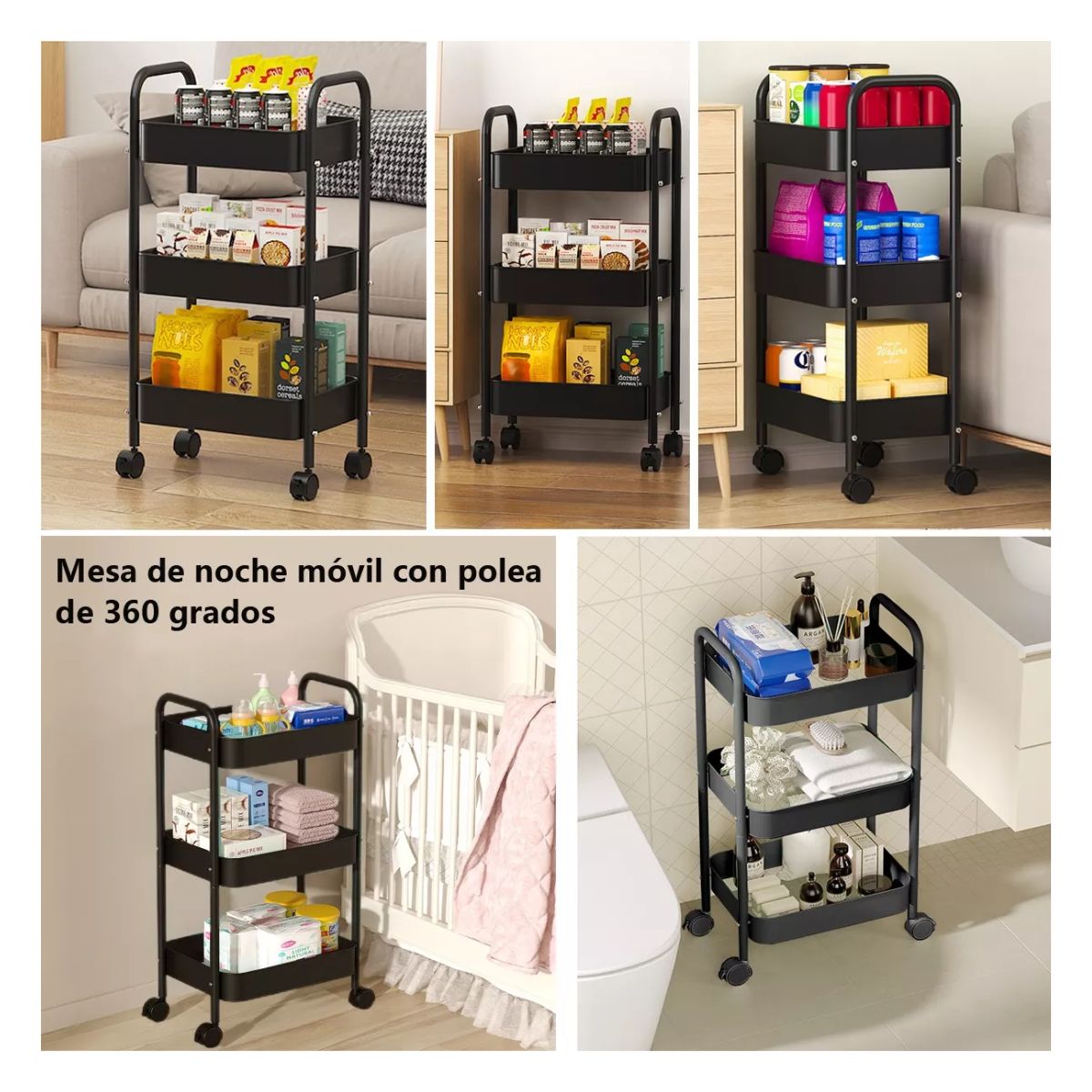 Carrito Organizador Multiusos De 3 Niveles Metálico C/ruedas Negro 