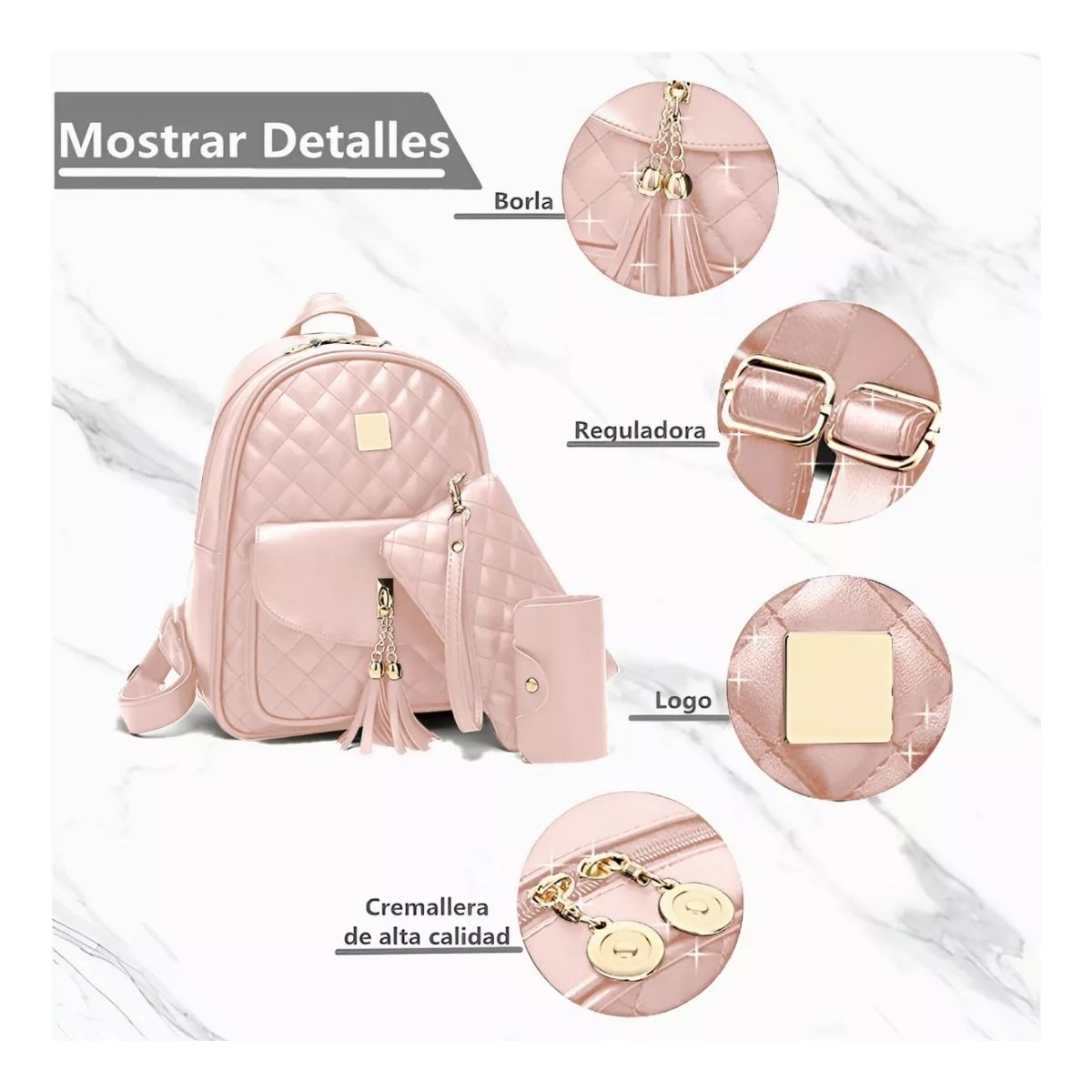 Mochilas de  Cuero Versátil Para Dama 3 Piezas  Rosa 