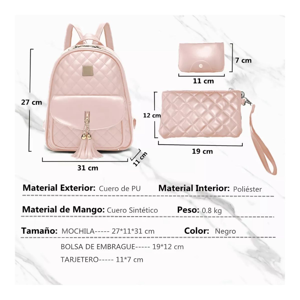 Mochilas de  Cuero Versátil Para Dama 3 Piezas  Rosa 