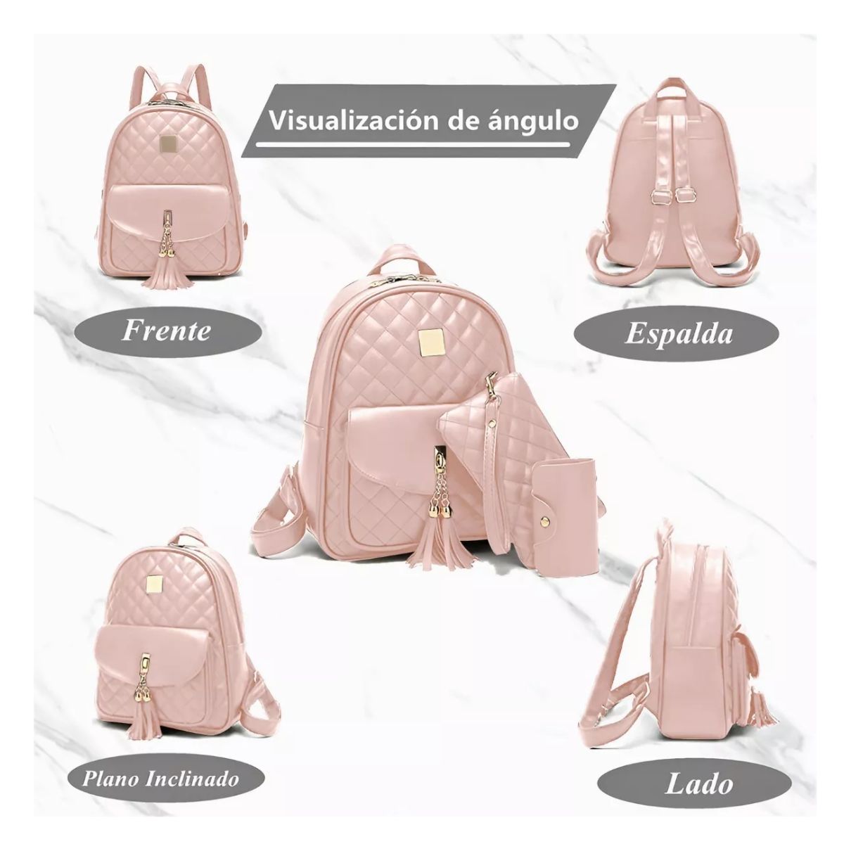 Mochilas de  Cuero Versátil Para Dama 3 Piezas  Rosa 