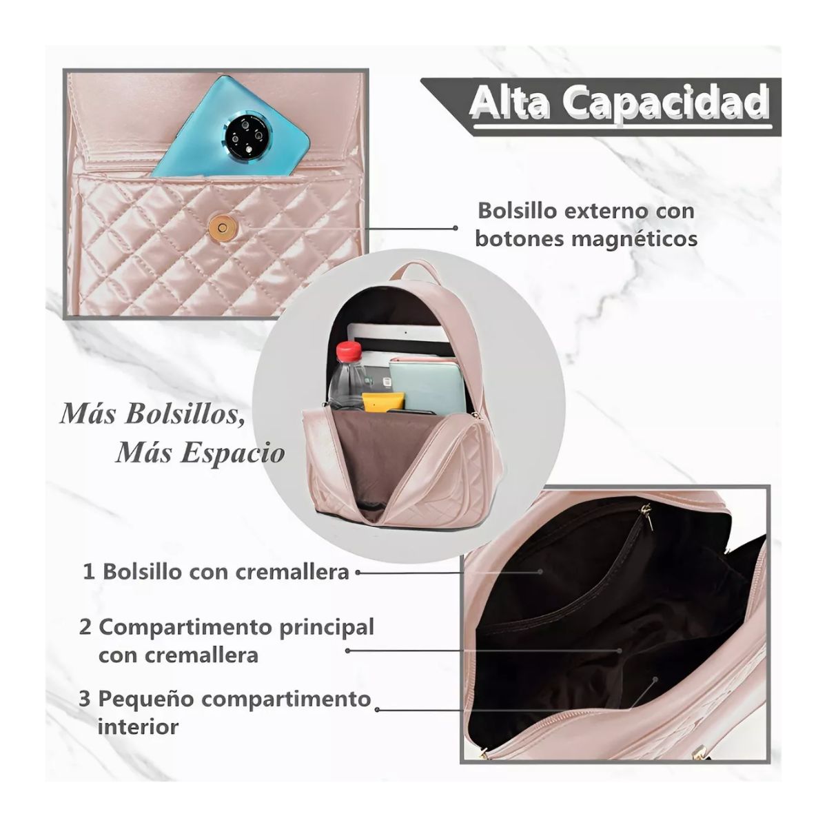 Mochilas de  Cuero Versátil Para Dama 3 Piezas  Rosa 