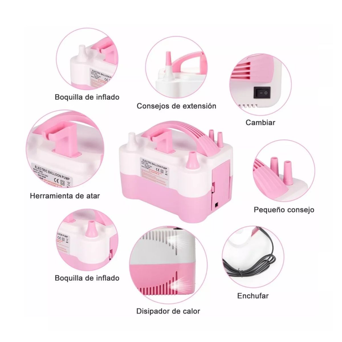Maquina Para Inflar Globos Belug Color Rosa Con Blanco Eléctrica Portátil