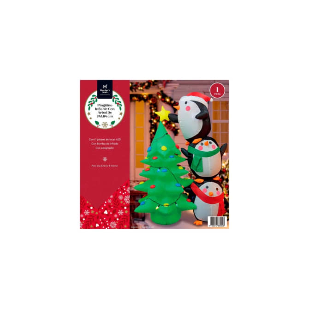 Inflable Navideño Members Mark Pingüino con Árbol 2.43m Bomba y Luces