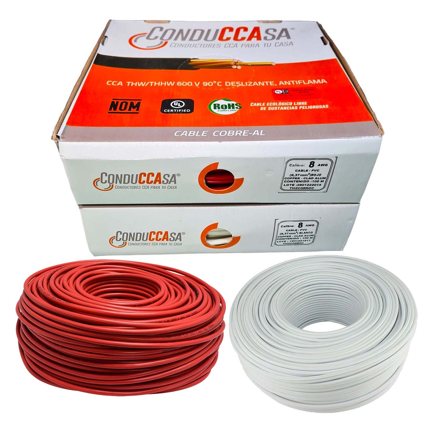 2 Rollos 100m c/u Cable Eléctrico Calibre 8 Cobre-Al Antiflama Rojo y Blanco THW / THHW